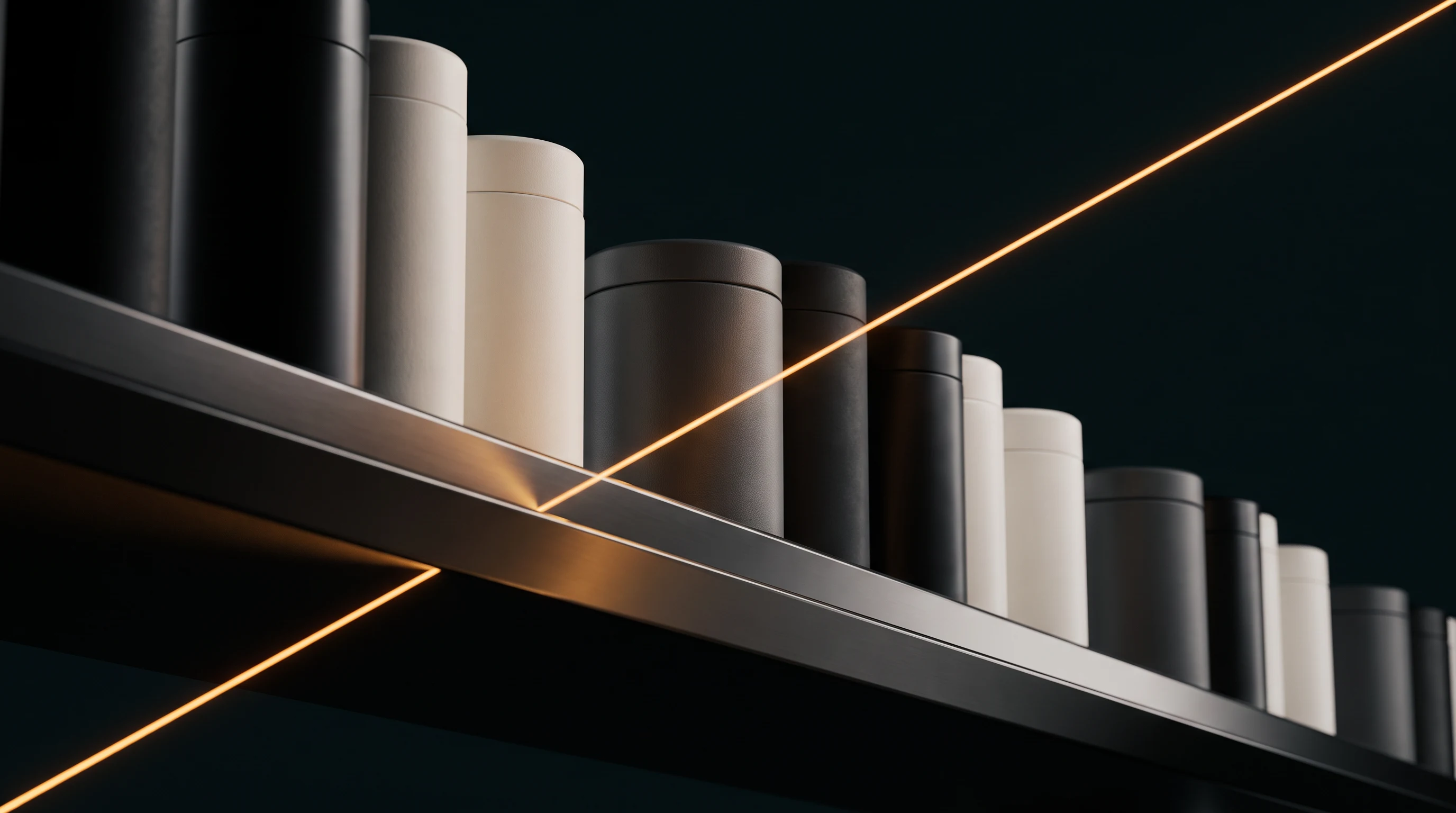 Sharp studio photograph of premium product packaging on a retail shelf edge with a precise streak of gold light, representing point-of-sale design built for the shelf